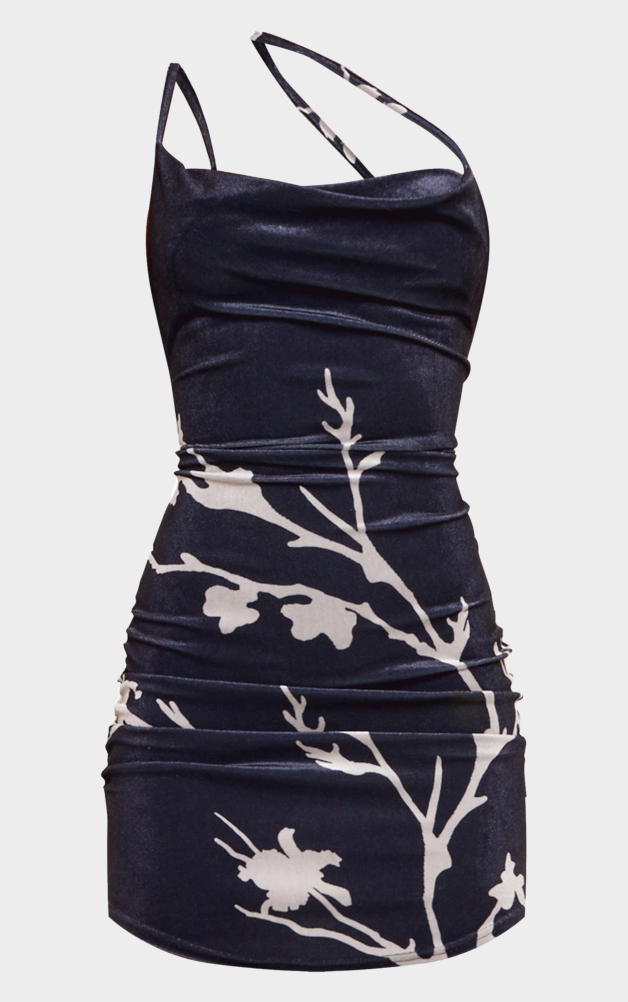 Black Flower Printed Velvet Asymmetric Strap Cowl Bodycon Dress Product Image