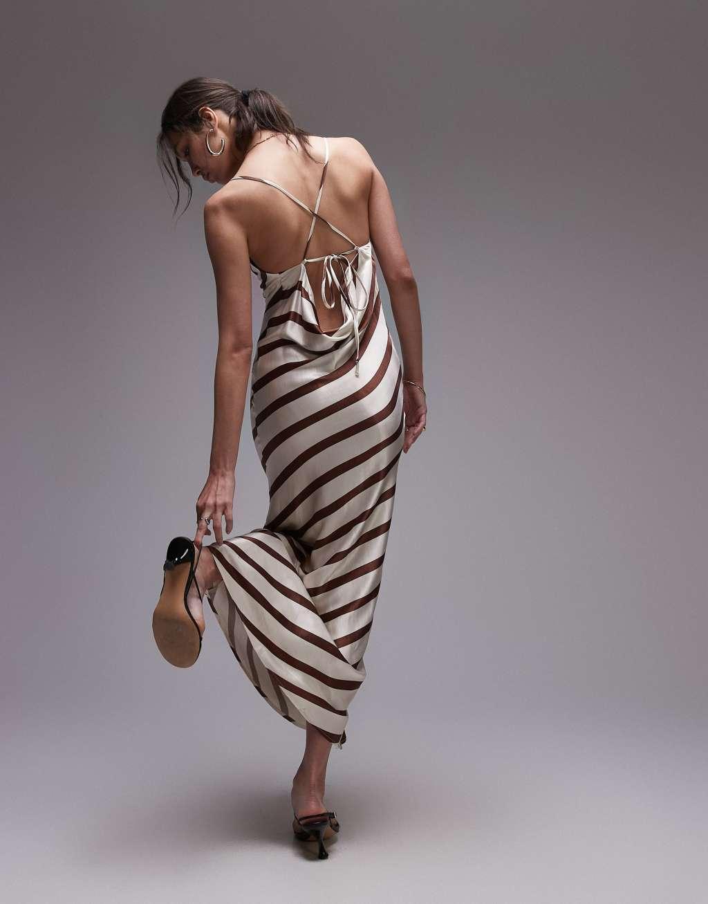 Topshop cowl slip midi dress brown and ivory stripe Product Image