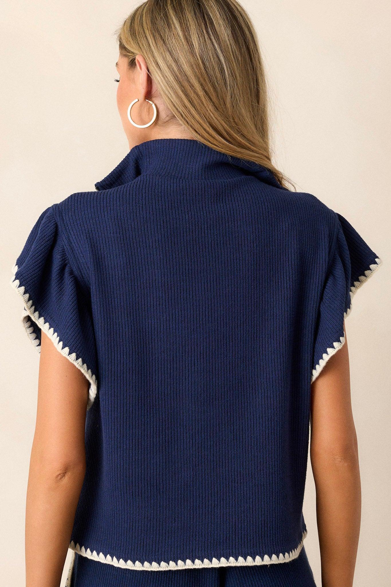 Ease My Mind Navy Blanket Stitch Quarter Zip Sweater Product Image