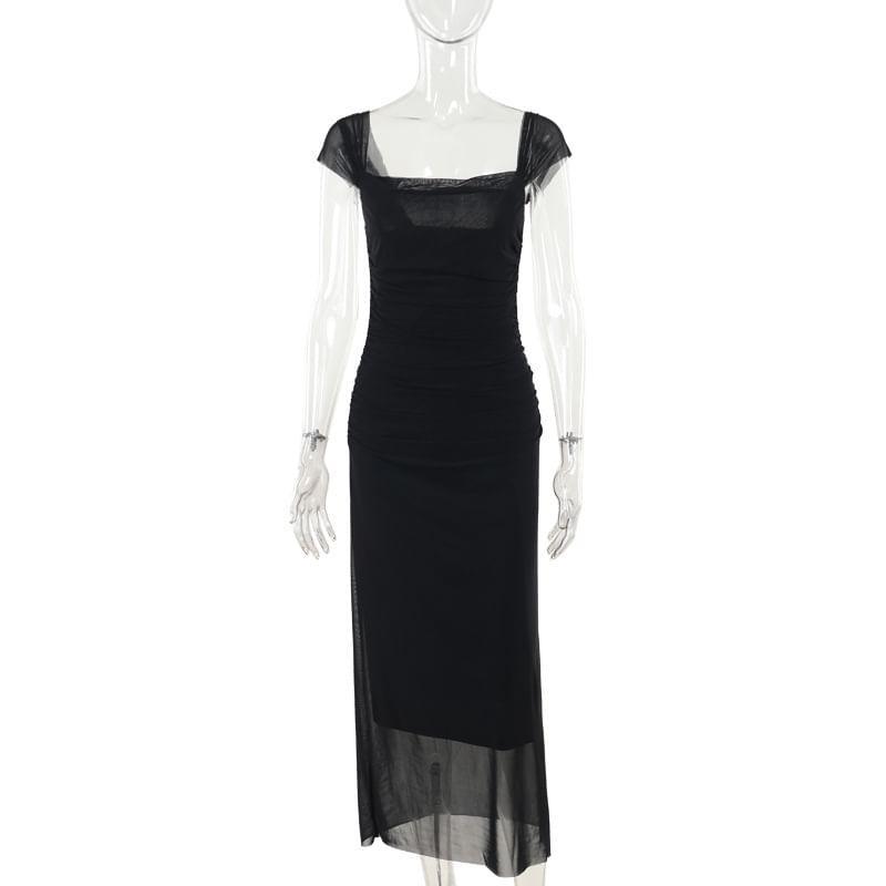 Cap-Sleeve Queen Anne Neckline Mesh Maxi Sheath Dress Product Image