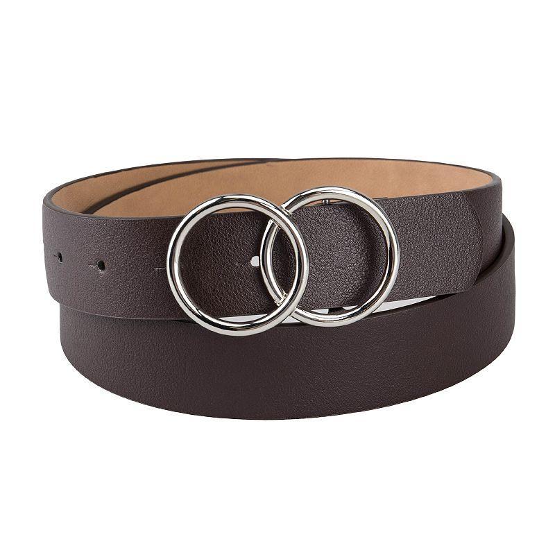 Womens LC Lauren Conrad Interlocking Double Circle Buckle Black Dress Belt Grey Product Image