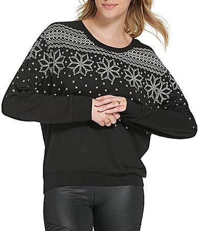 Andrew Marc Sport Snowflake Print Fair Isle Crew Neck Long Sleeve Pullover Top Product Image