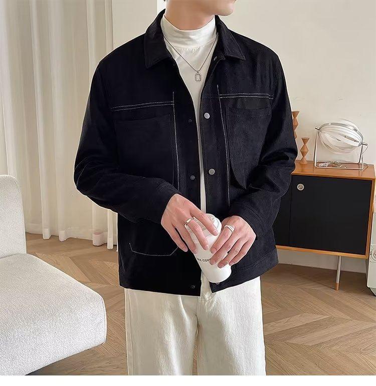 Collared Contrast Stitched Button-Up Jacket Product Image