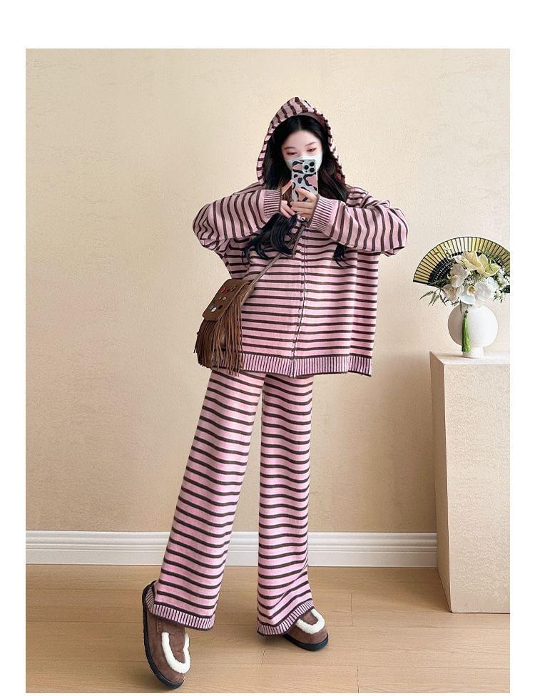 Maternity Set: Striped Zip-Up Knit Hoodie + High Rise Wide Leg Pants Product Image