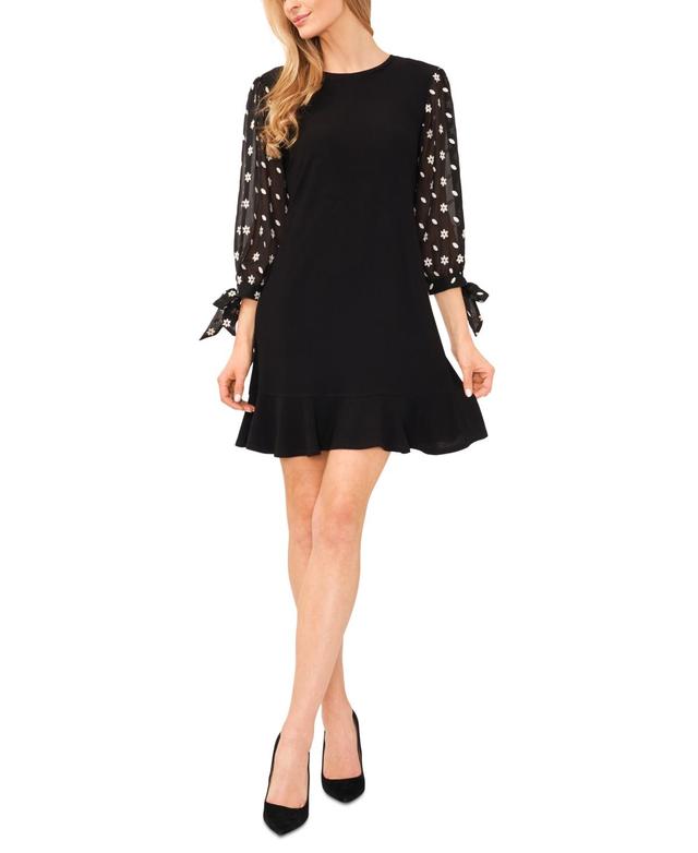 CeCe Womens Long Sleeve Mixed-Media Tie-Sleeve Dress Product Image