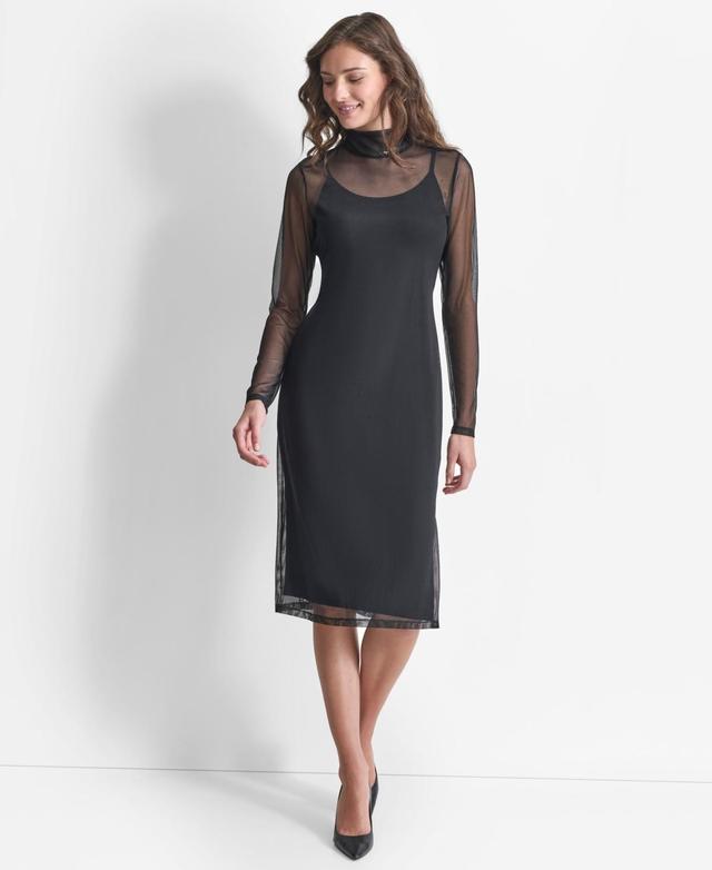 Dkny Womens Turtleneck Long-Sleeve Mesh Dress Product Image