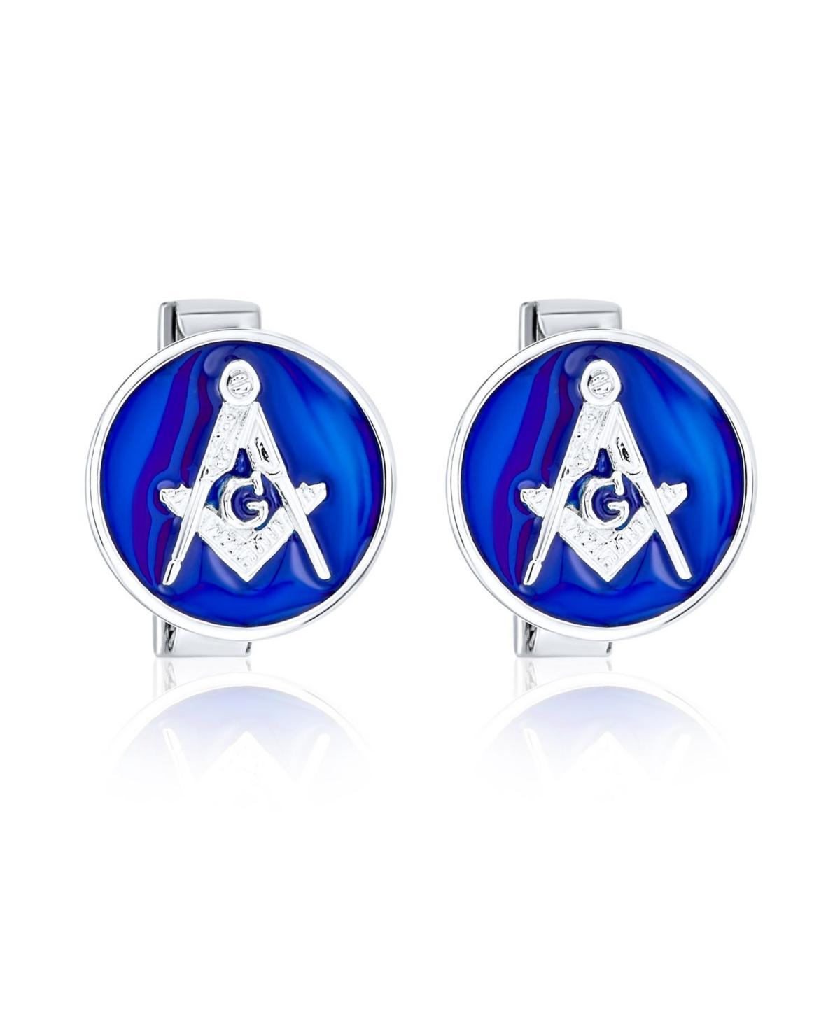 Round Circle Disc Freemasons Compass Symbol Masonic Cufflinks For Men Royal Blue Enamel Two Tone .925 Sterling Silver Hinge Bullet Back - Blue Product Image