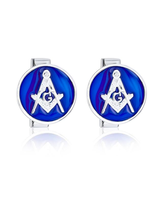 Round Circle Disc Freemasons Compass Symbol Masonic Cufflinks For Men Royal Blue Enamel Two Tone .925 Sterling Silver Hinge Bullet Back - Blue Product Image