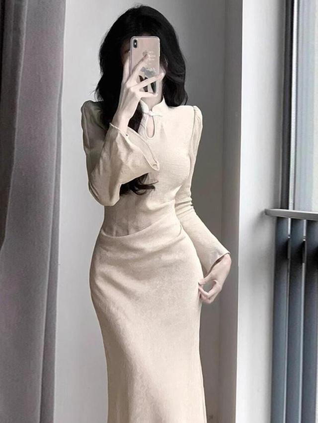 Long Sleeve Mandarin Collar Plain Keyhole Maxi Mermaid Dress Product Image