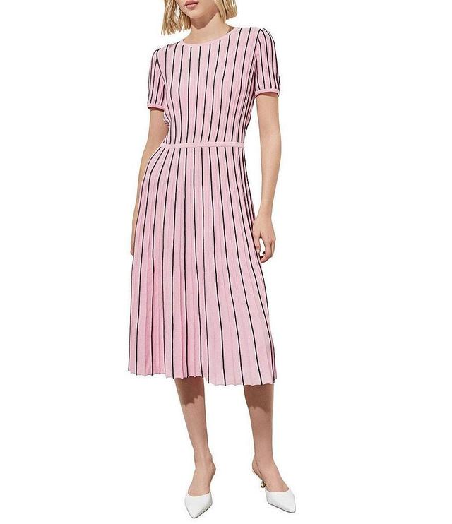 Ming Wang Grid Striped Soft Knit Round Neck Short Sleeve A-Line Dress Product Image