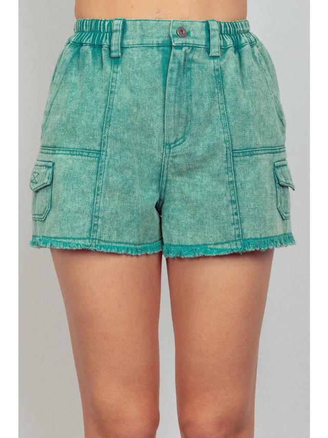 Green Washed Cotton Twill Washed Denim Cargo Shorts Female Product Image