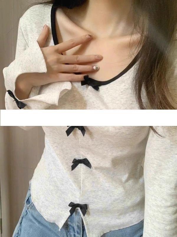 Long-Sleeve Scoop Neck Bow Tee Product Image