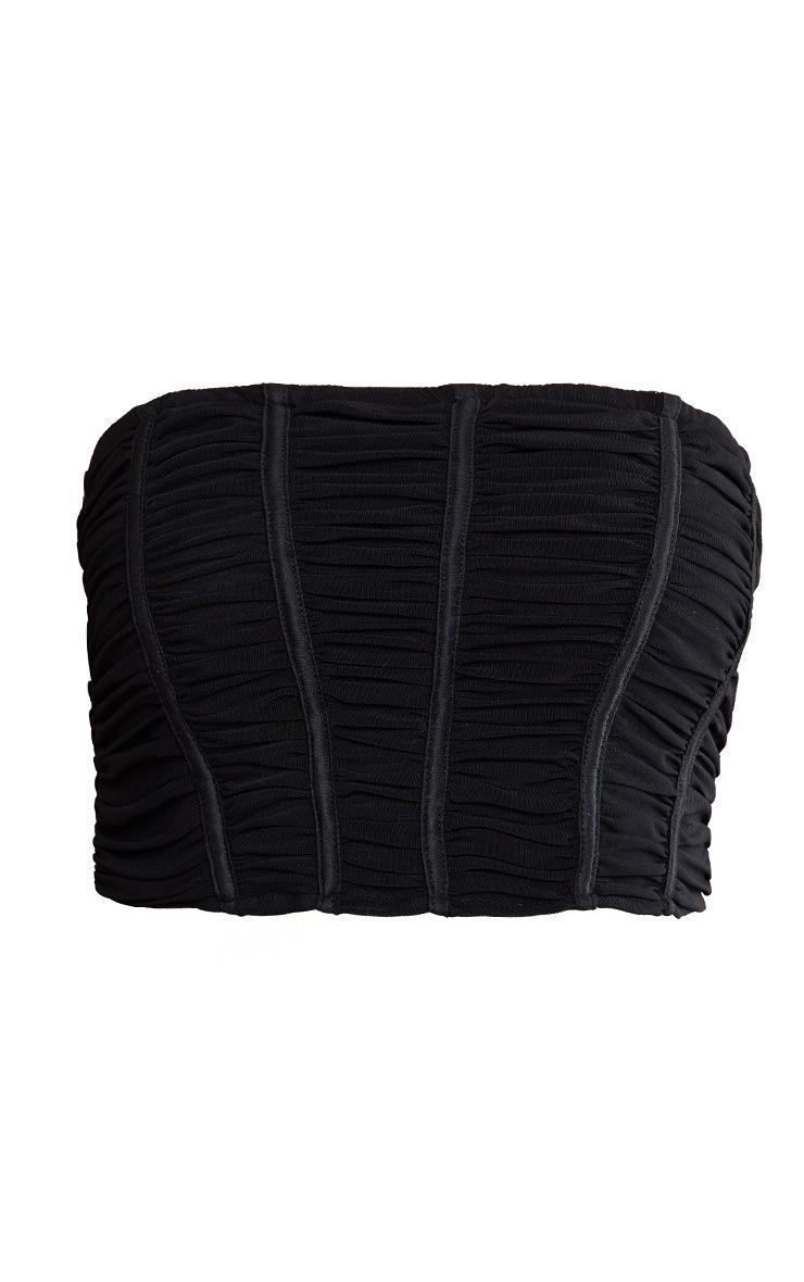 Black Mesh Ruched Panel Bandeau Crop Top Product Image