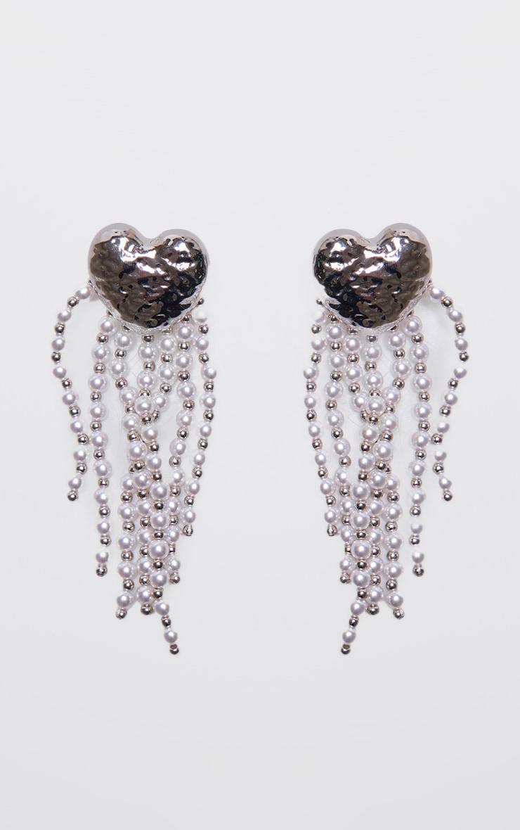 Silver Molten Heart Tassel Pearl Statement Earrings Product Image