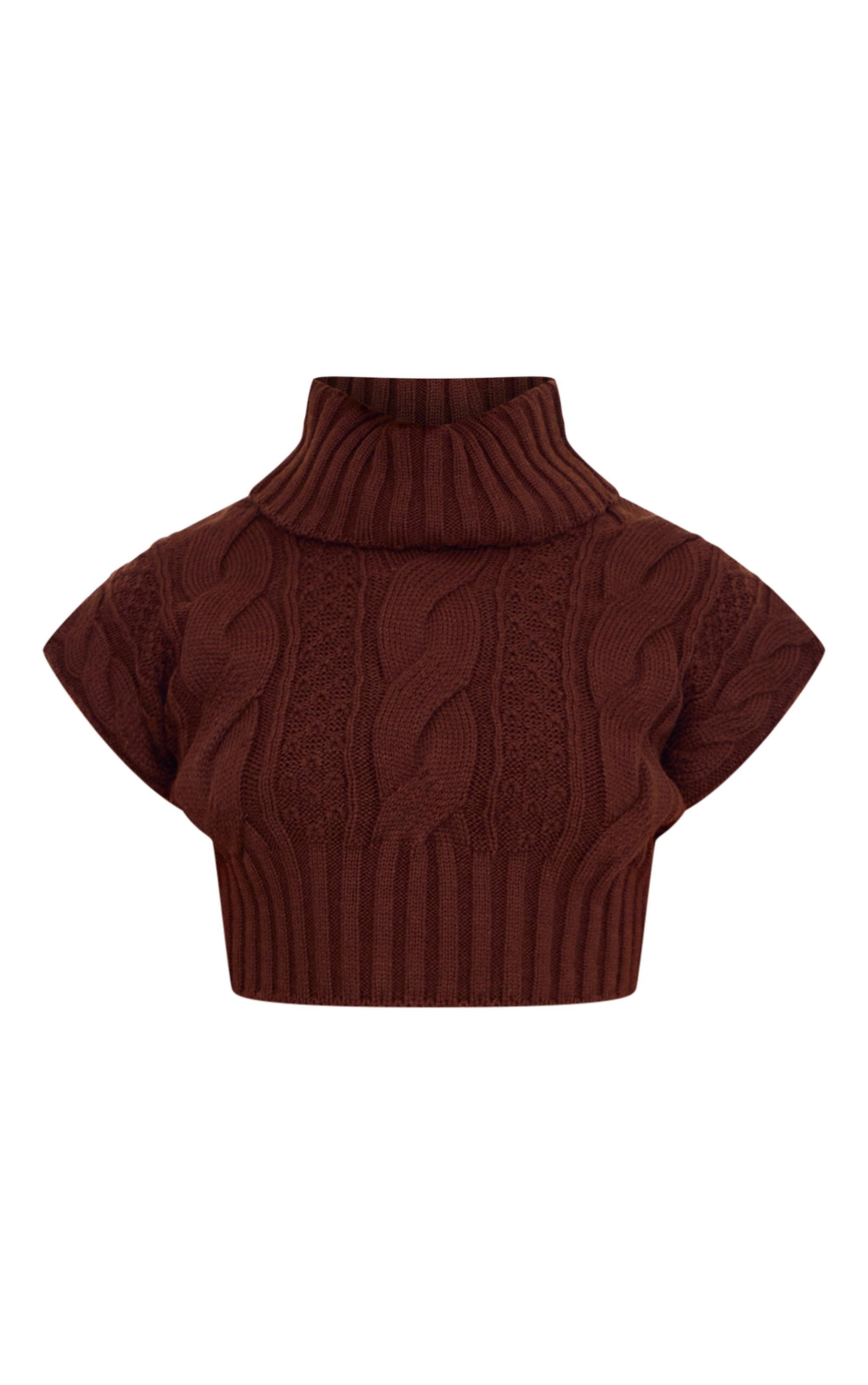 Chocolate Cable Knit Roll Neck Cap Sleeve Cropped Vest Product Image