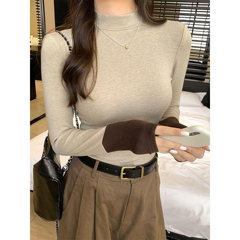 Long-Sleeve High Neck Two-Tone T-Shirt Product Image