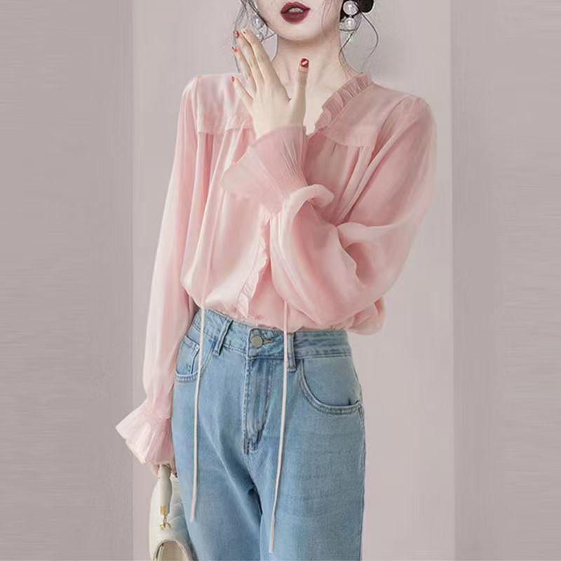 Long-Sleeve V-Neck Plain Frill Trim Blouse Product Image