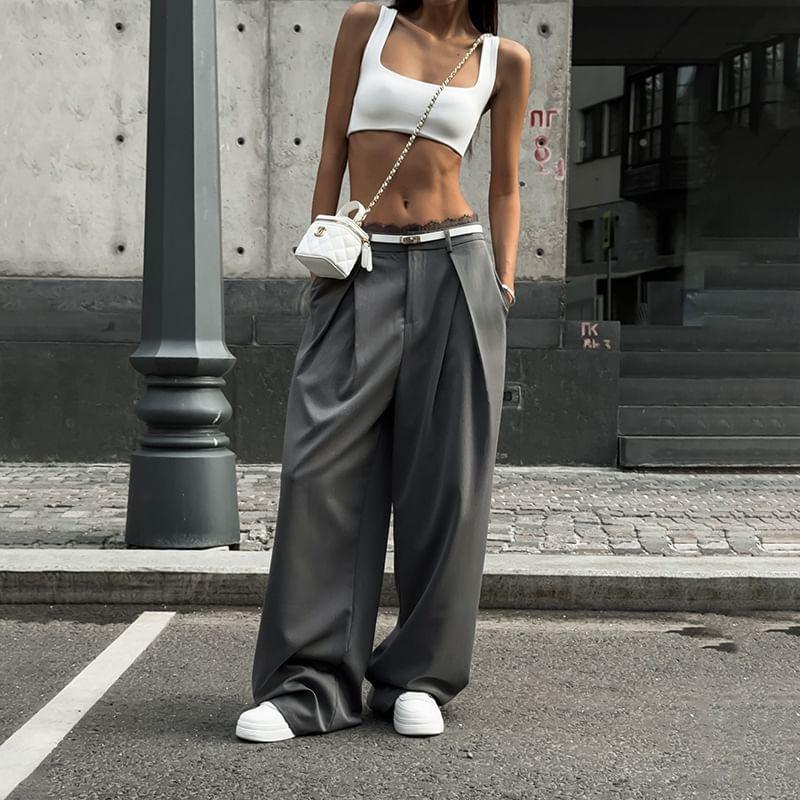 High Rise Plain Wide Leg Dress Pants Product Image