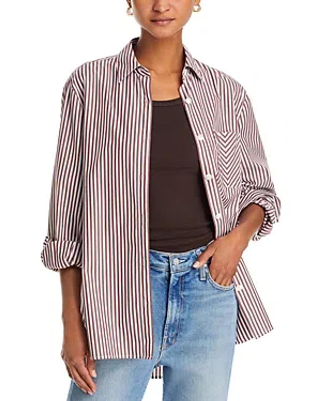 Maxine Cotton Button Down Shirt In Thin Brown Stripe Product Image