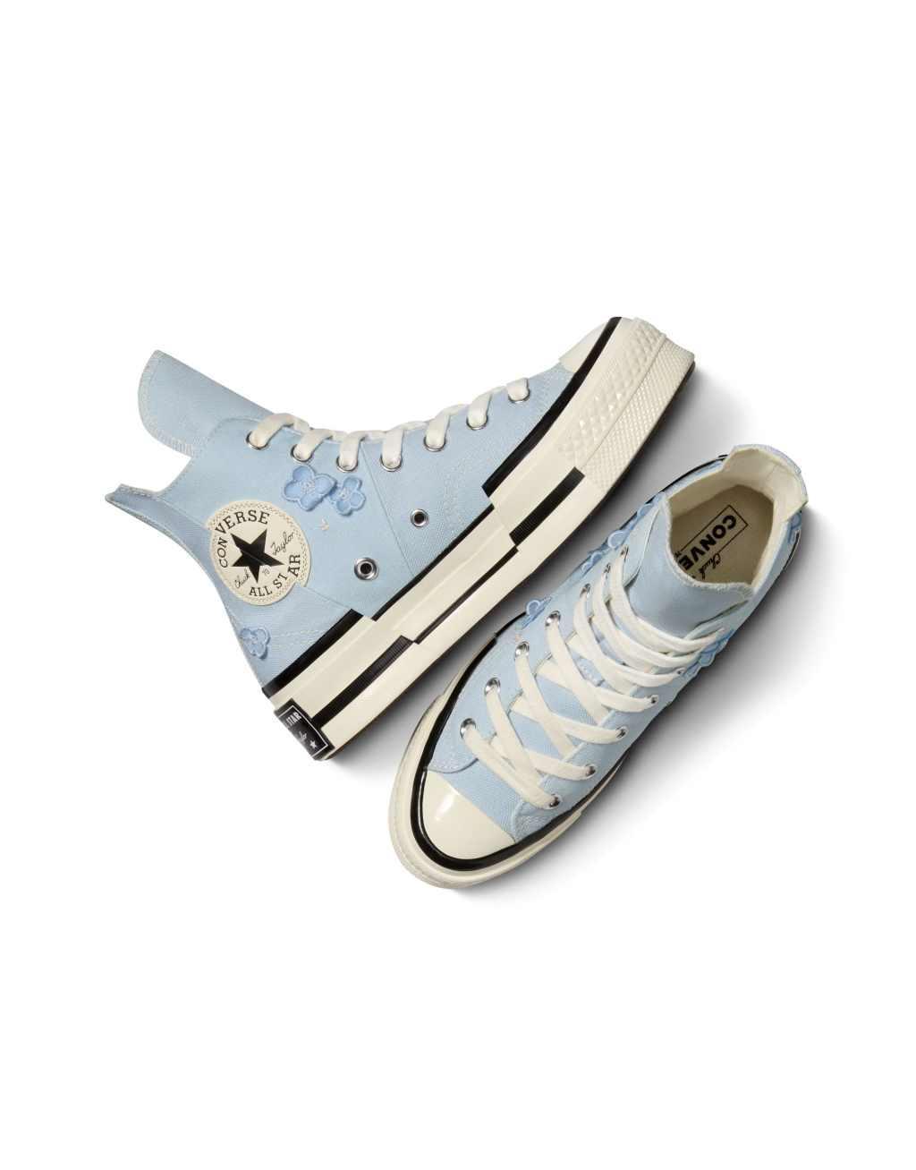 Converse Chuck 70 Hi platform sneakers with flower embroidery in blue Product Image