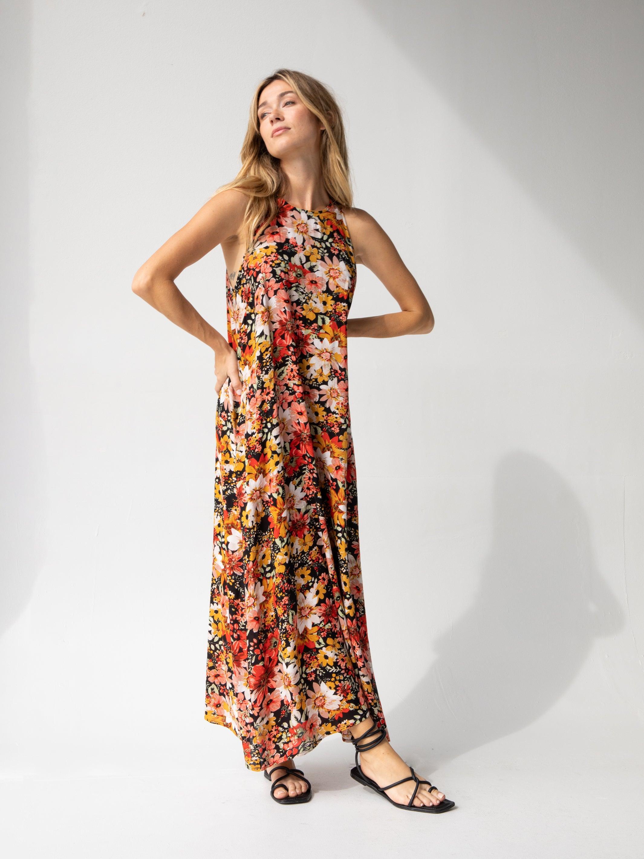 Katie Sleeveless Maxi Dress - Pink Mustard Floral Product Image