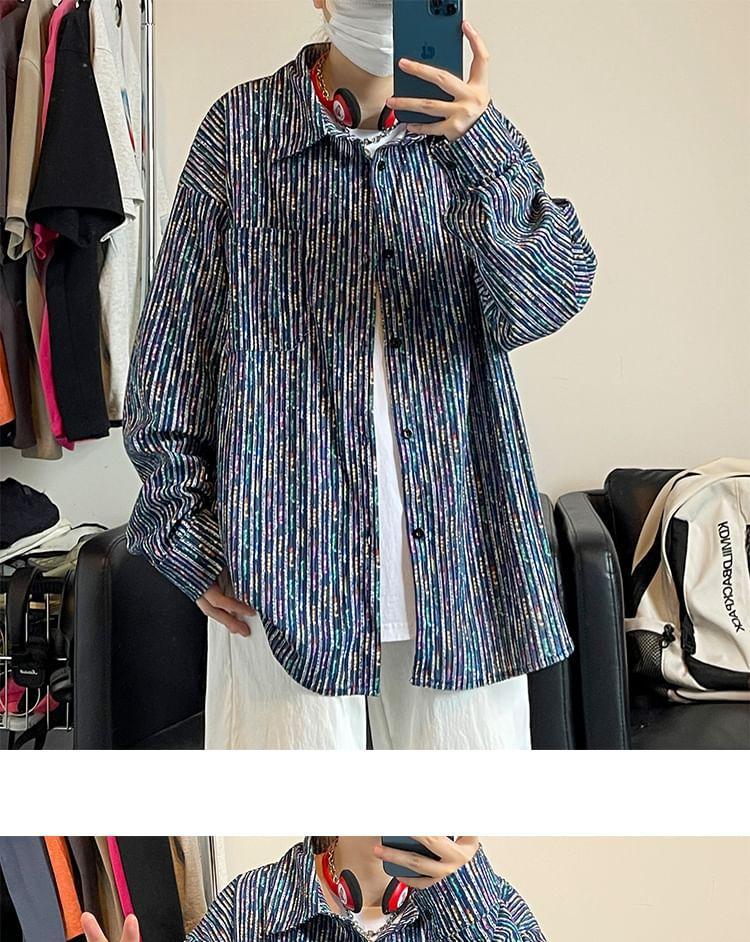 Long Sleeve Collared Patterned Print Shirt Product Image