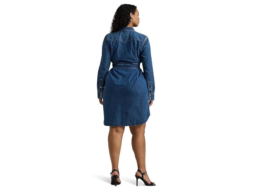 LAUREN Ralph Lauren Plus Size Belted Denim Shirtdress (Stormee Wash) Women's Dress Product Image