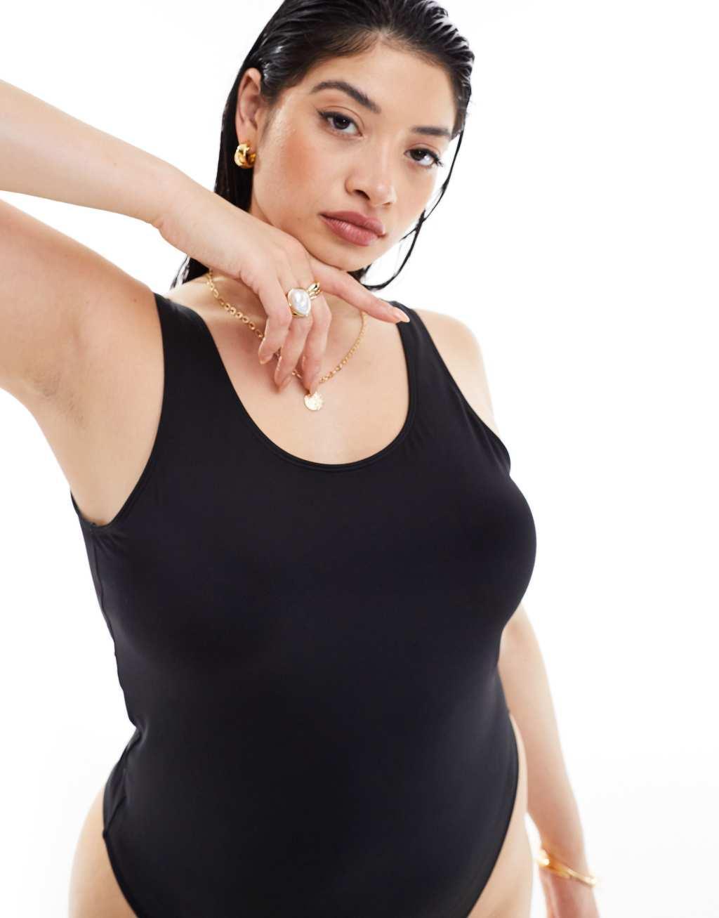 COLLUSION Plus scoop branded swimsuit in black - part of a set Product Image