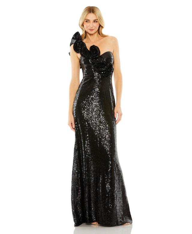 Mac Duggal Womens Sequin Ruffled One Shoulder Gown Product Image