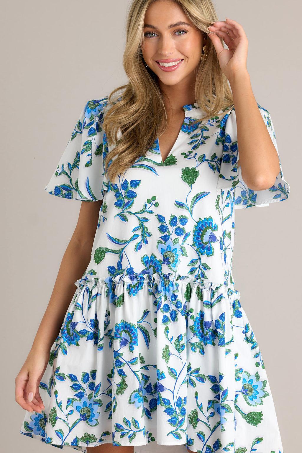 Crystal Waters 100% Cotton Blue Floral Mini Dress Product Image