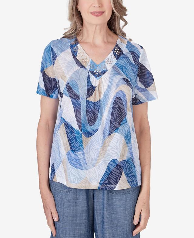 Alfred Dunner Womens Bayou V-neck Wavy Abstract Top Product Image