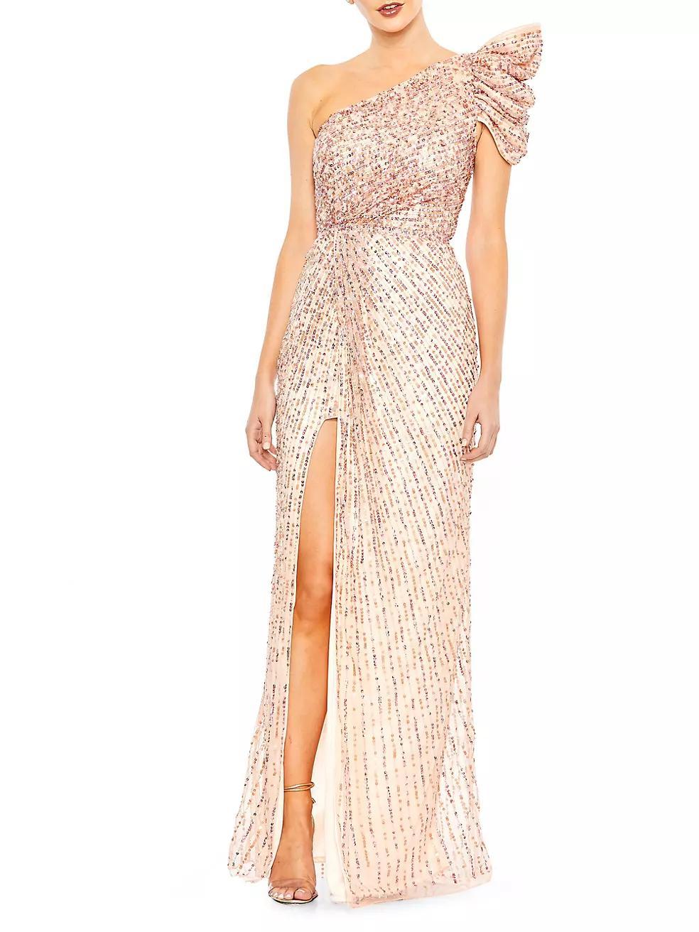 One-Shoulder Sequined Stripe Gown Product Image