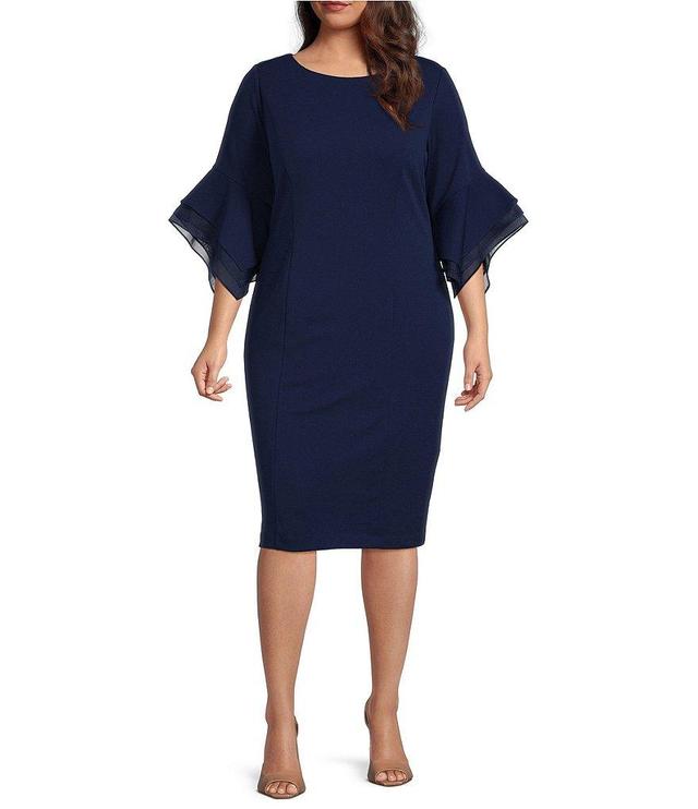 Adrianna Papell Plus Size Stretch Crepe 3/4 Bell Sleeve Sheath Dress Product Image