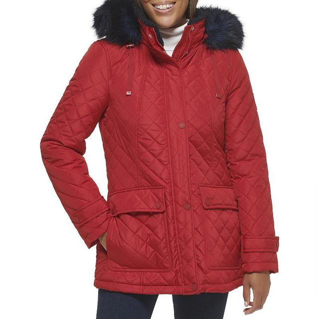 Womens Tommy Hilfiger Diamond Quilt Faux-Fur Trimmed Jacket Red Product Image