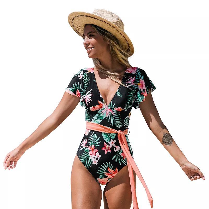 Womens CUPSHE Tropical Floral Print V-Neck Ruffle Sleeve Tie Ribbon Waist One-Piece Swimsuit Product Image