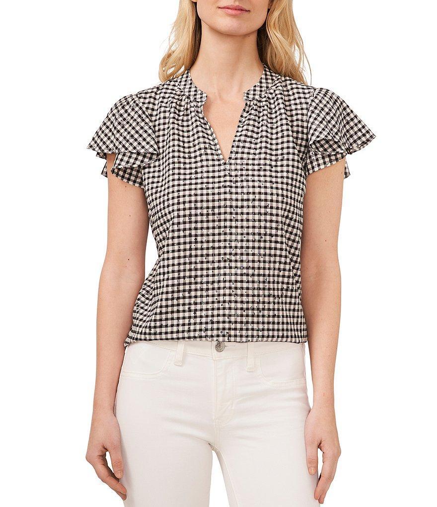 CeCe Short Sleeve Gingham V Neck Blouse product image