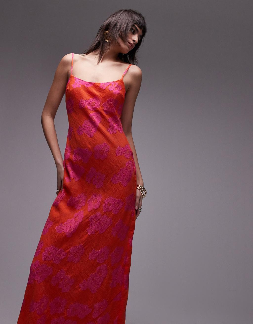 Topshop premium jacquard midi slip dress in pink and orange Product Image