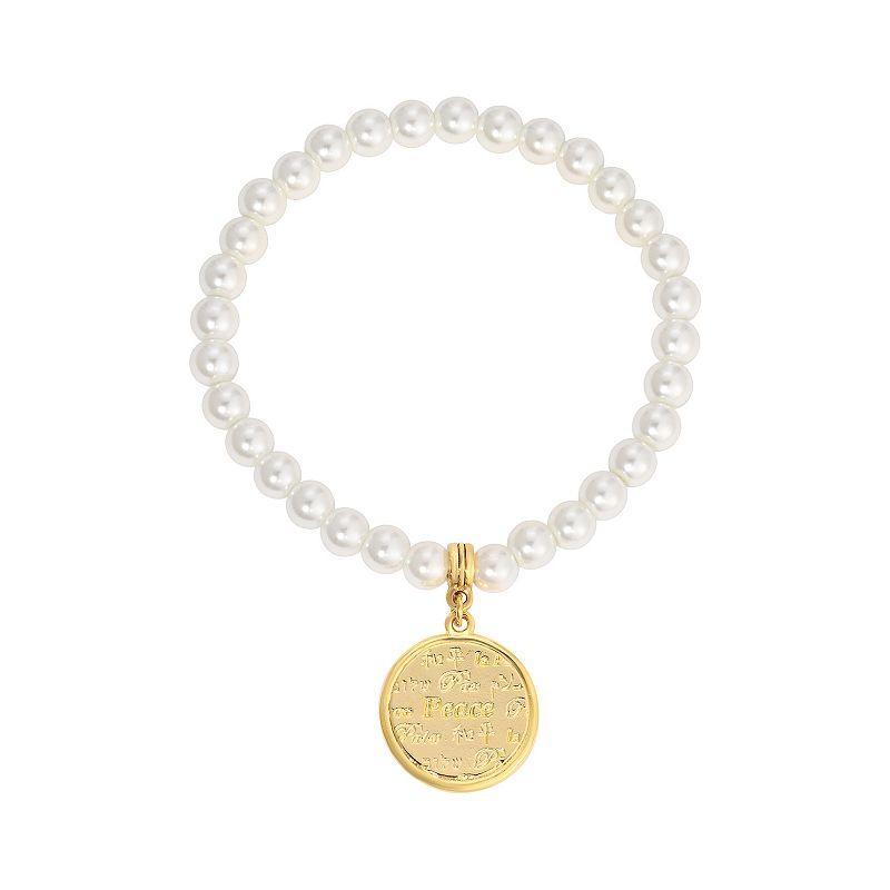 1928 Simulated Pearl Multilingual Peace Medallion Stretch Bracelet, Womens, White Product Image