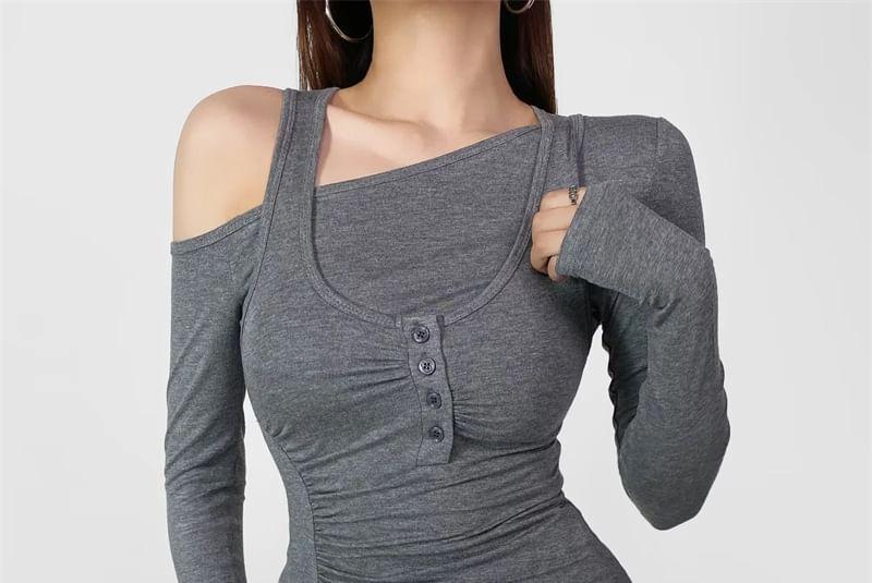 Set: Long-Sleeve Off-Shoulder Plain T-Shirt + Scoop Neck Ruched Crop Tank Top Product Image