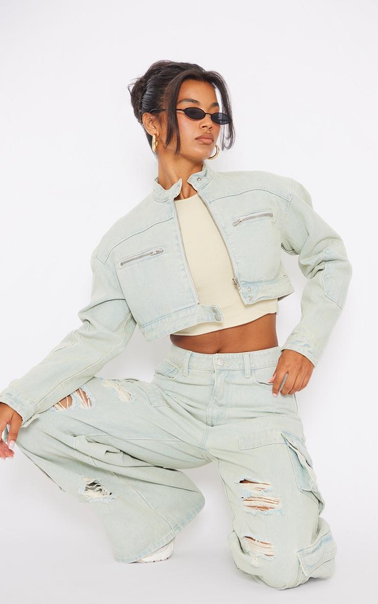 Ice Blue Vintage Wash Biker Detail Cropped Denim Jacket Product Image