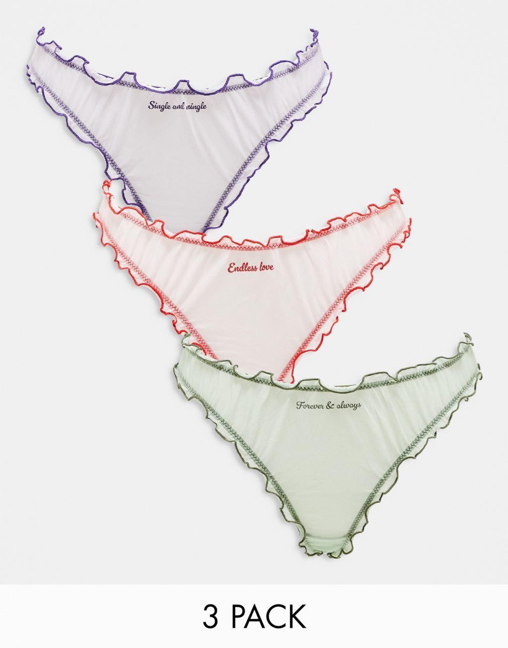 Monki 3 pack mesh thong in lilac, green and pink multi Product Image