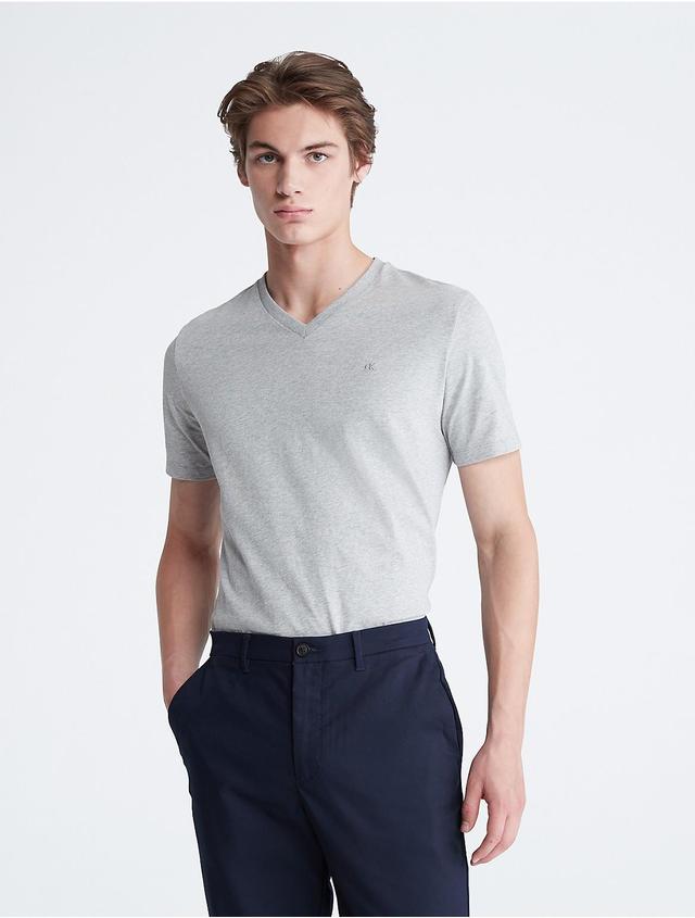 Calvin Klein Mens Smooth Cotton Solid V-Neck T-Shirt - Grey - L Product Image