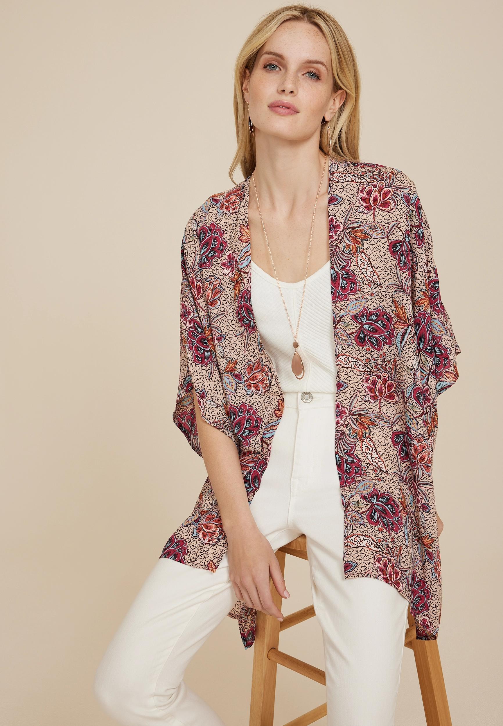 Maurices Womens Floral Kimono Beige Size One Size Product Image