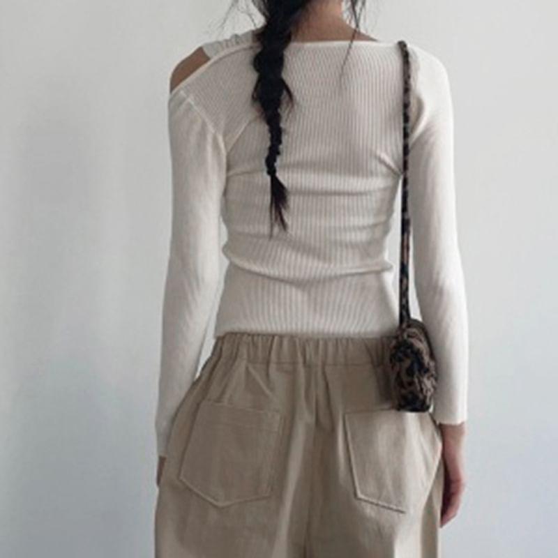 Long Sleeve Asymmetrical Neck Ribbed Knit Top Product Image