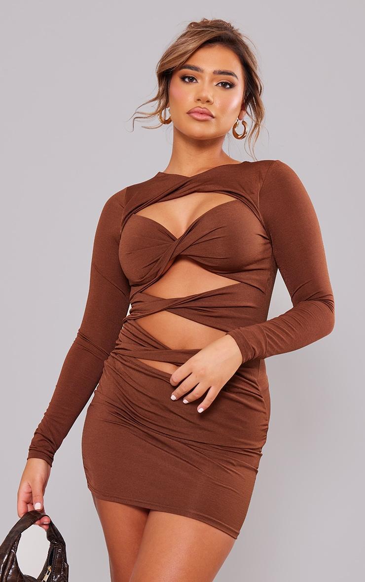 Chocolate Slinky Twist Cut Out Long Sleeve Bodycon Dress Product Image