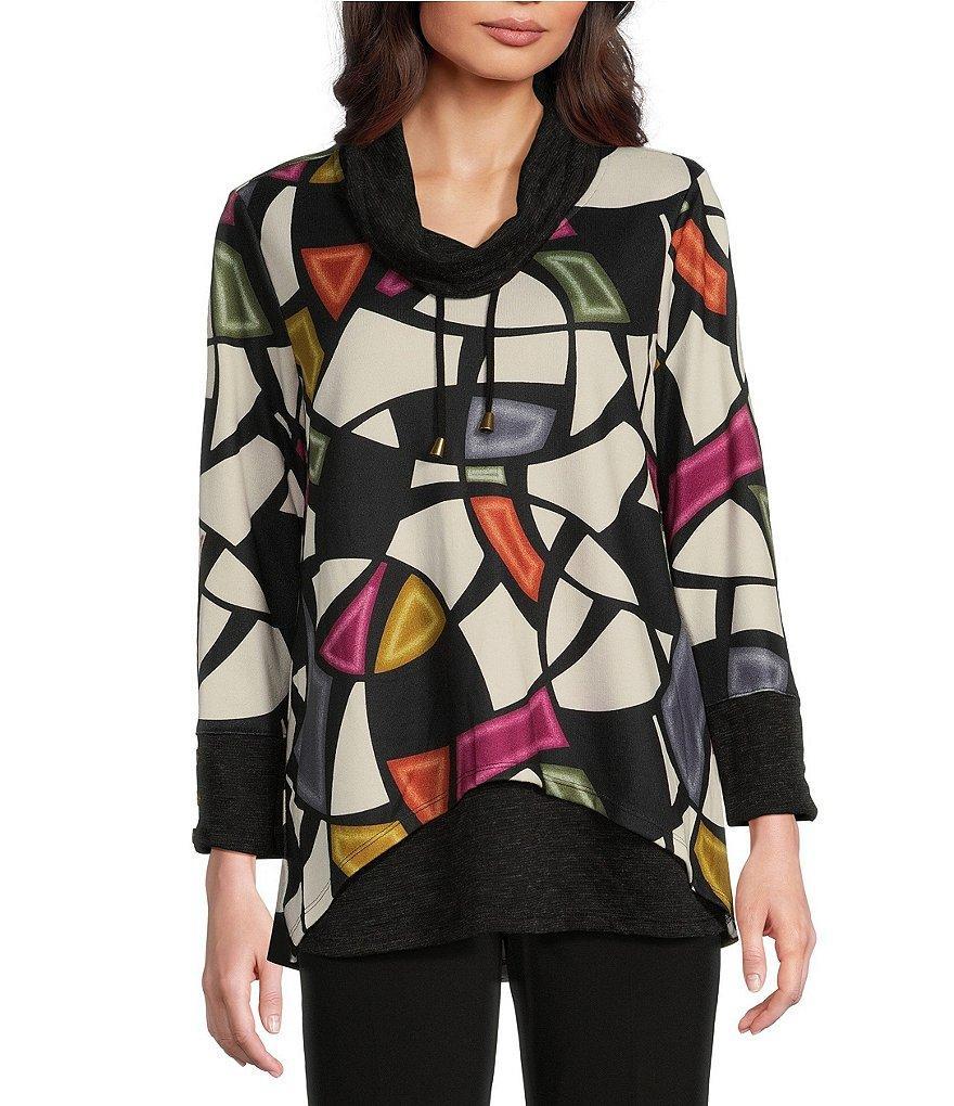 Ali Miles Double Layer Knit Geometric Print Cowl Neck 3/4 Sleeve Hi-Low Hem Tunic Product Image