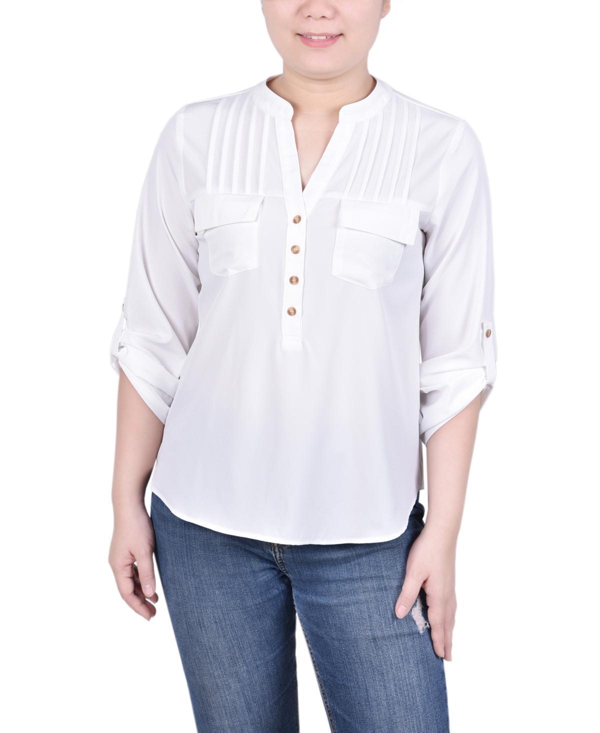 NY Collection Long Tab-Sleeve Blouse With Pockets. -IVORY Product Image