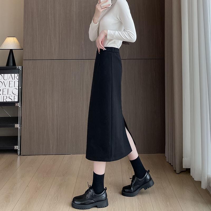 High Rise Plain Slit Midi A-Line Skirt Product Image