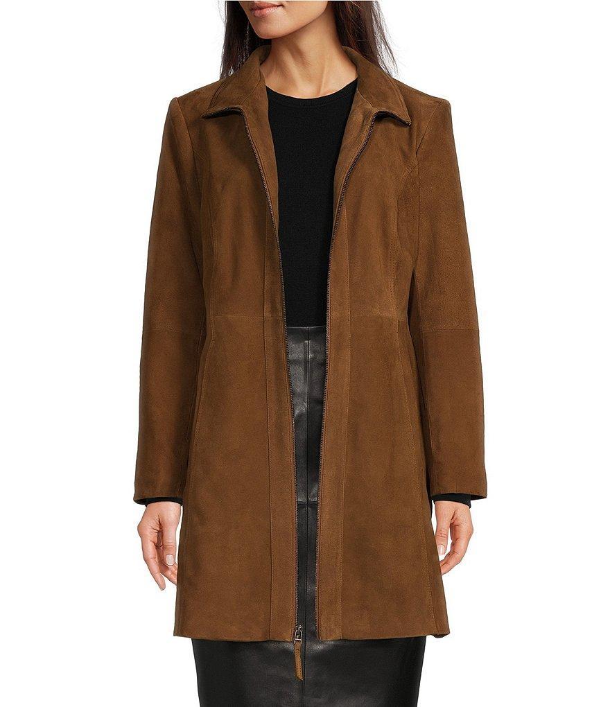 Katherine Kelly Genuine Leather Suede Zip Front Stand Collar Jacket Product Image