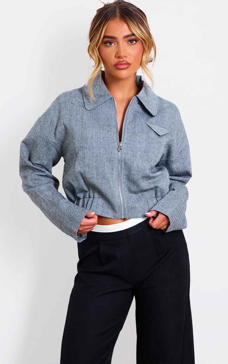 Grey Textured Collar Detail Cropped Bomber Jacket Product Image